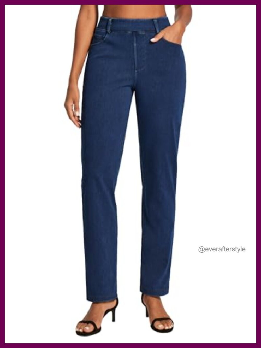 Stretchy Knit Denim High Waisted Straight Leg Pull On Jeans with Pockets